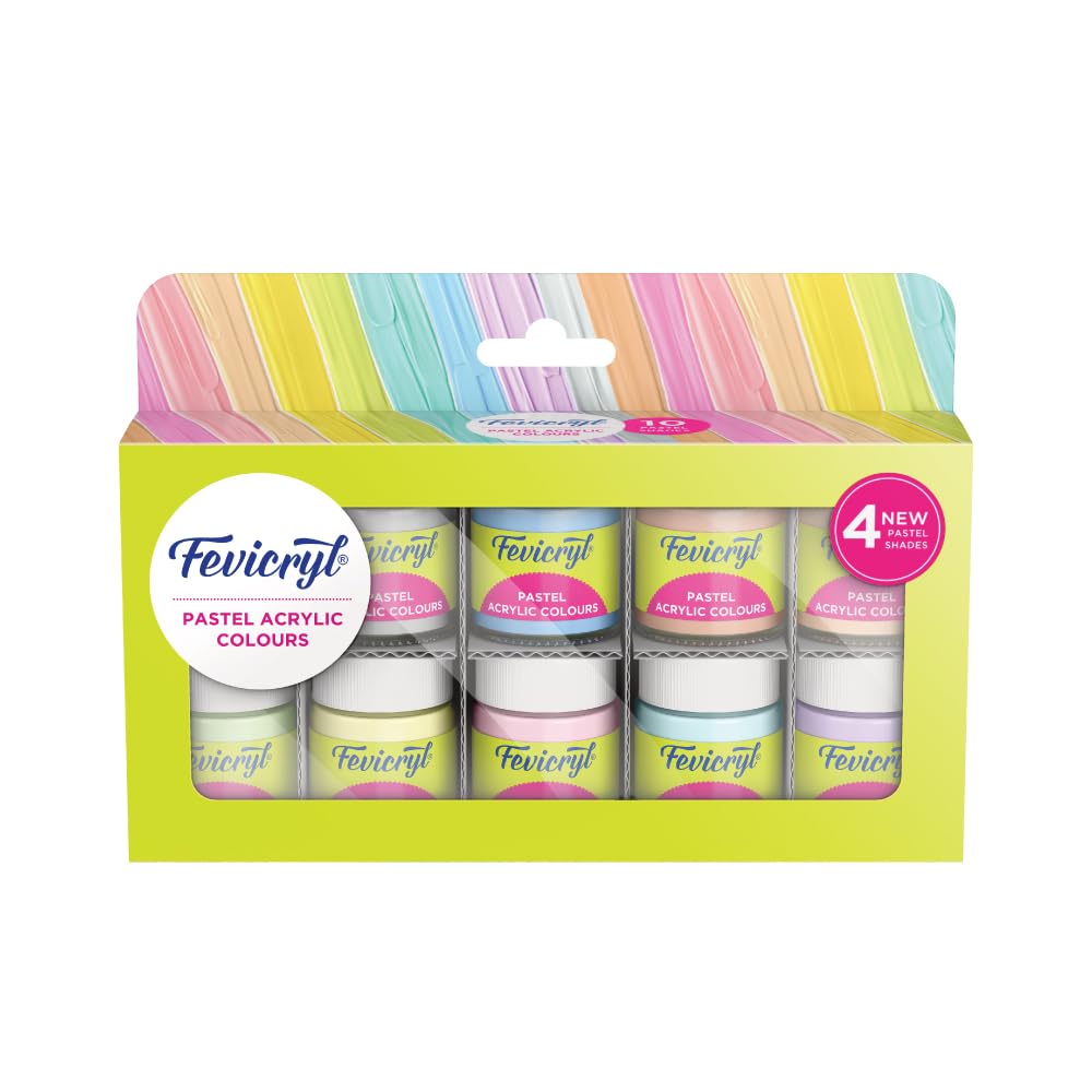 Fevicryl Acrylic Colours Pastel Kit | 10 Colours x 15 ml | DIY Paint, Rich Pigment | Multicolour & M
