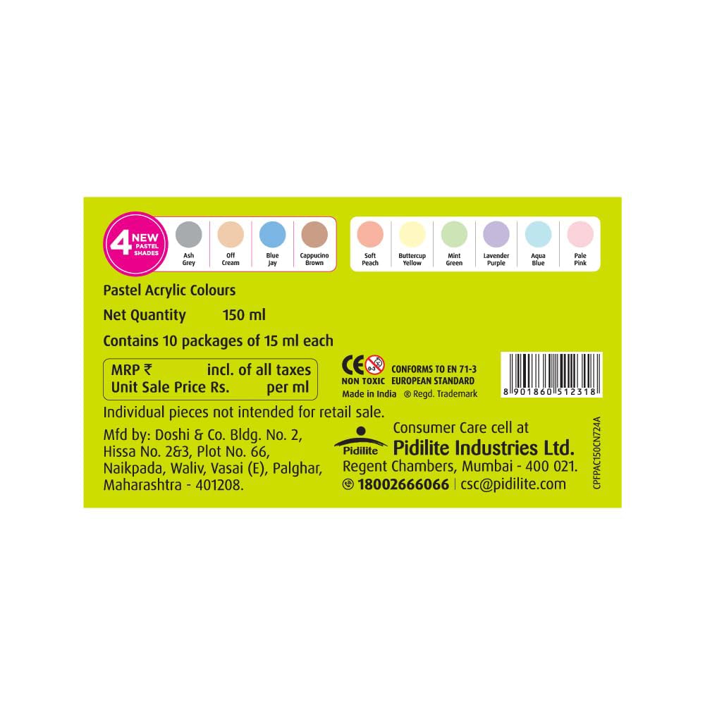 Fevicryl Acrylic Colours Pastel Kit | 10 Colours x 15 ml | DIY Paint, Rich Pigment | Multicolour & M