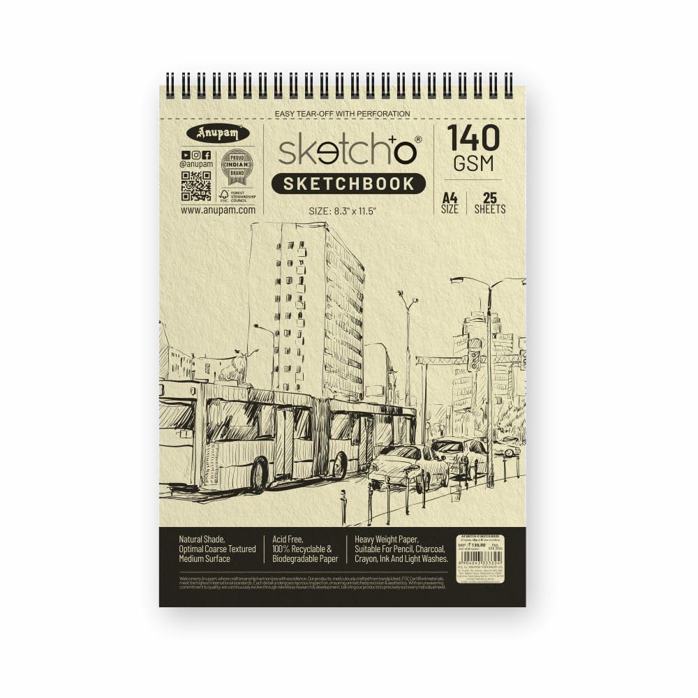 Anupam Sketch-O Sketchbook A4 | 25 Sheets 50 Pages | 140GSM | Durable Acid Free Drawing Paper