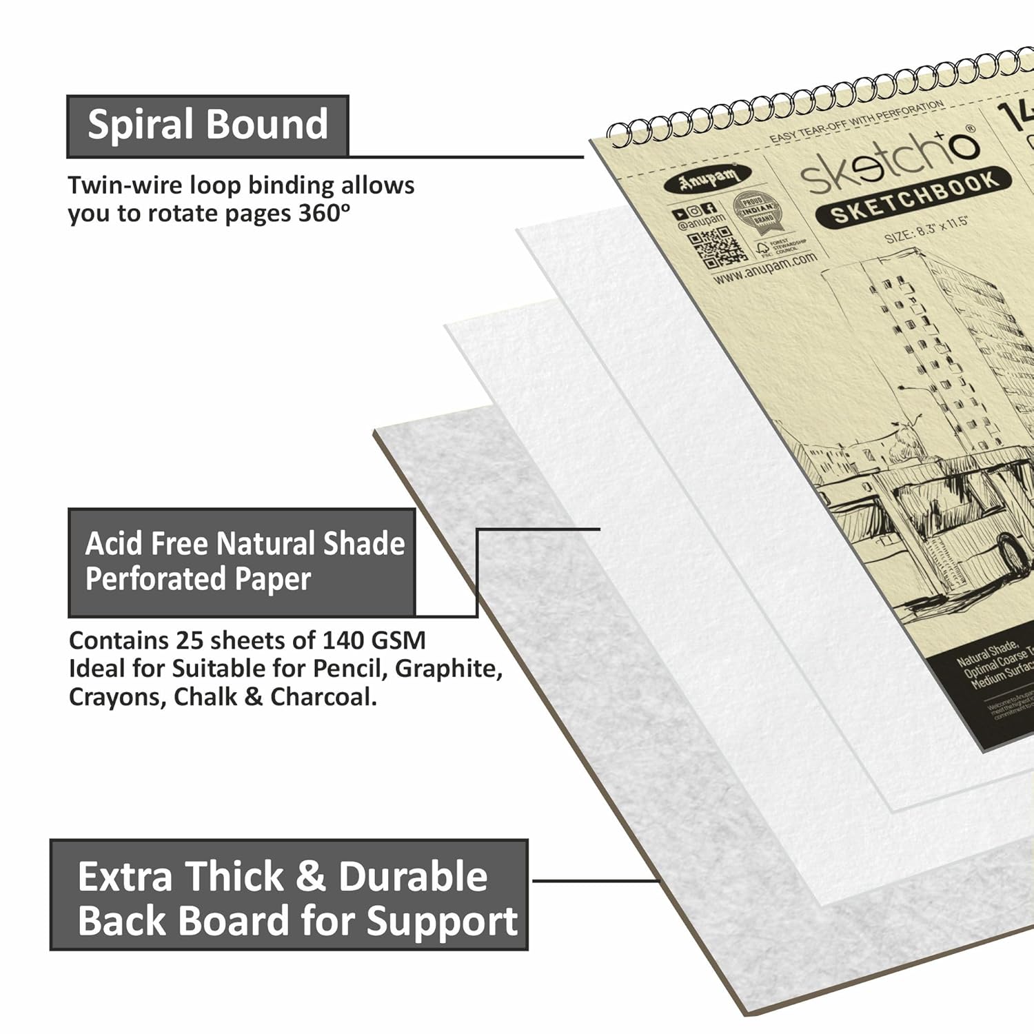 Anupam Sketch-O Sketchbook A4 | 25 Sheets 50 Pages | 140GSM | Durable Acid Free Drawing Paper