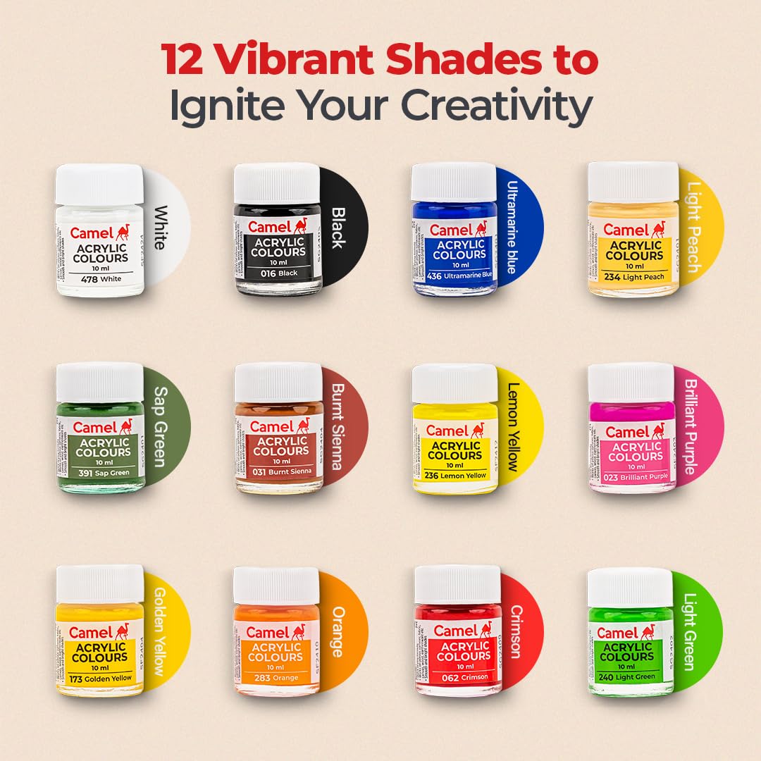Camel Acrylic Ultra Colour - 12 Rich Shades (10ml each) | Multi-Surface DIY Paints | Vibrant & Perma