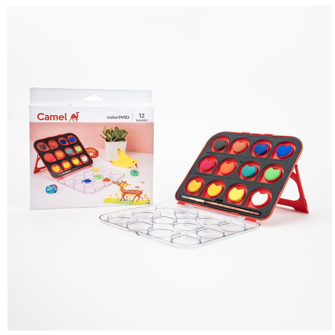 Camel ColorPad Watercolor Cake with Paint Brush | 12 Shade Set | Vibrant Colors | Portable Design fo