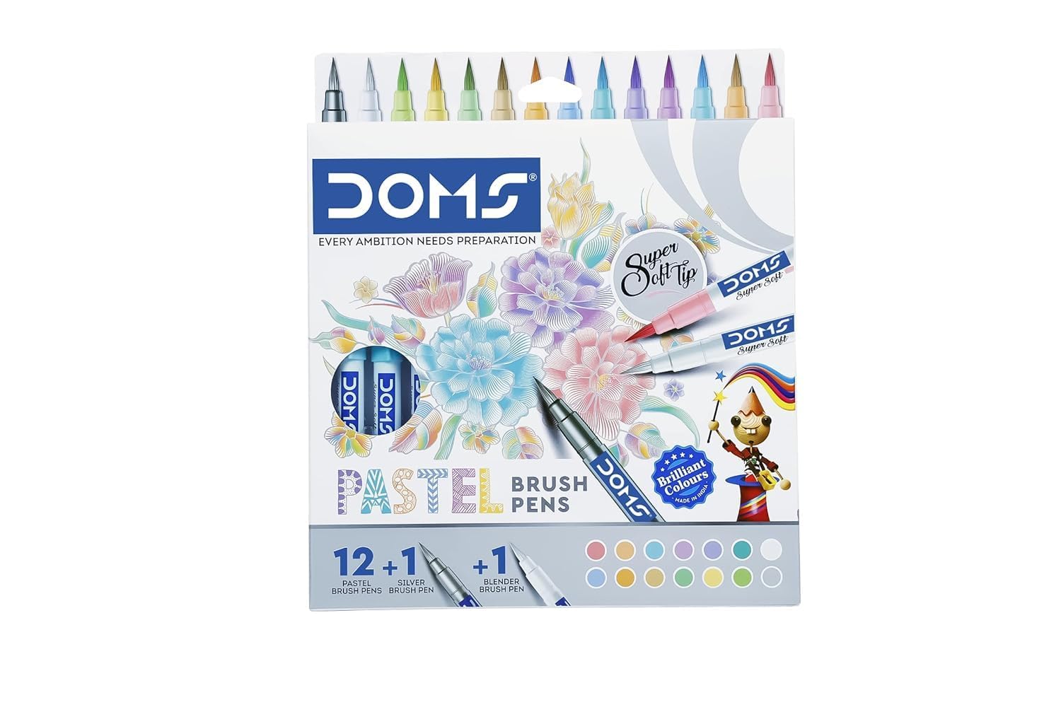 Doms Super Soft Tip Pastel Shades Brush Pen Set | 12 Pastel Shades + 1 Silver Shade + 1 Blender