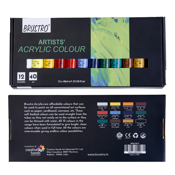 BRUSTRO Artists Acrylic Paint Colour Complete Range of 12 (Basic) 40ml