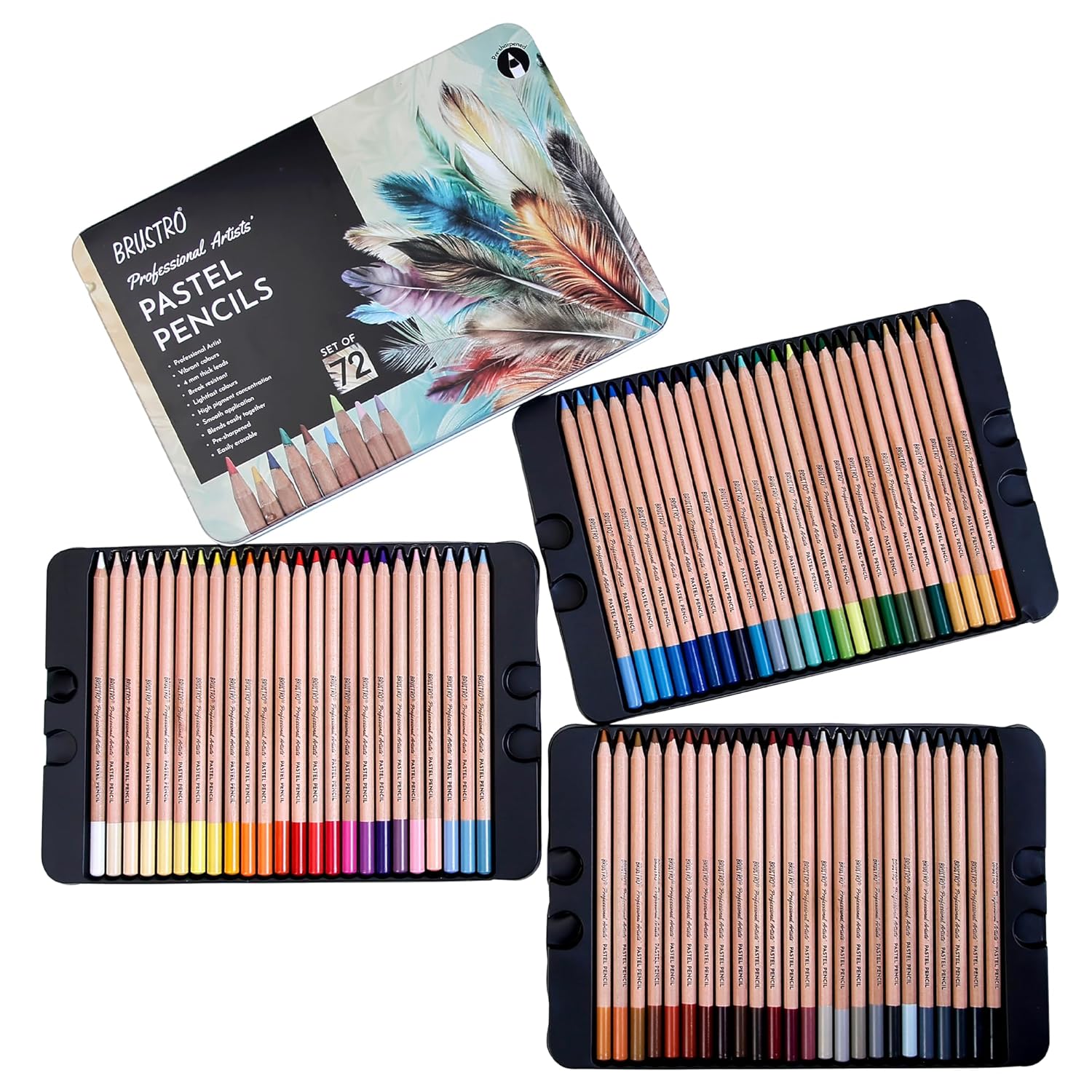 BRUSTRO Artists Pastel Colored Pencils - Set of 72 Shades - 4mm Lead | Break Resistant, Erasable