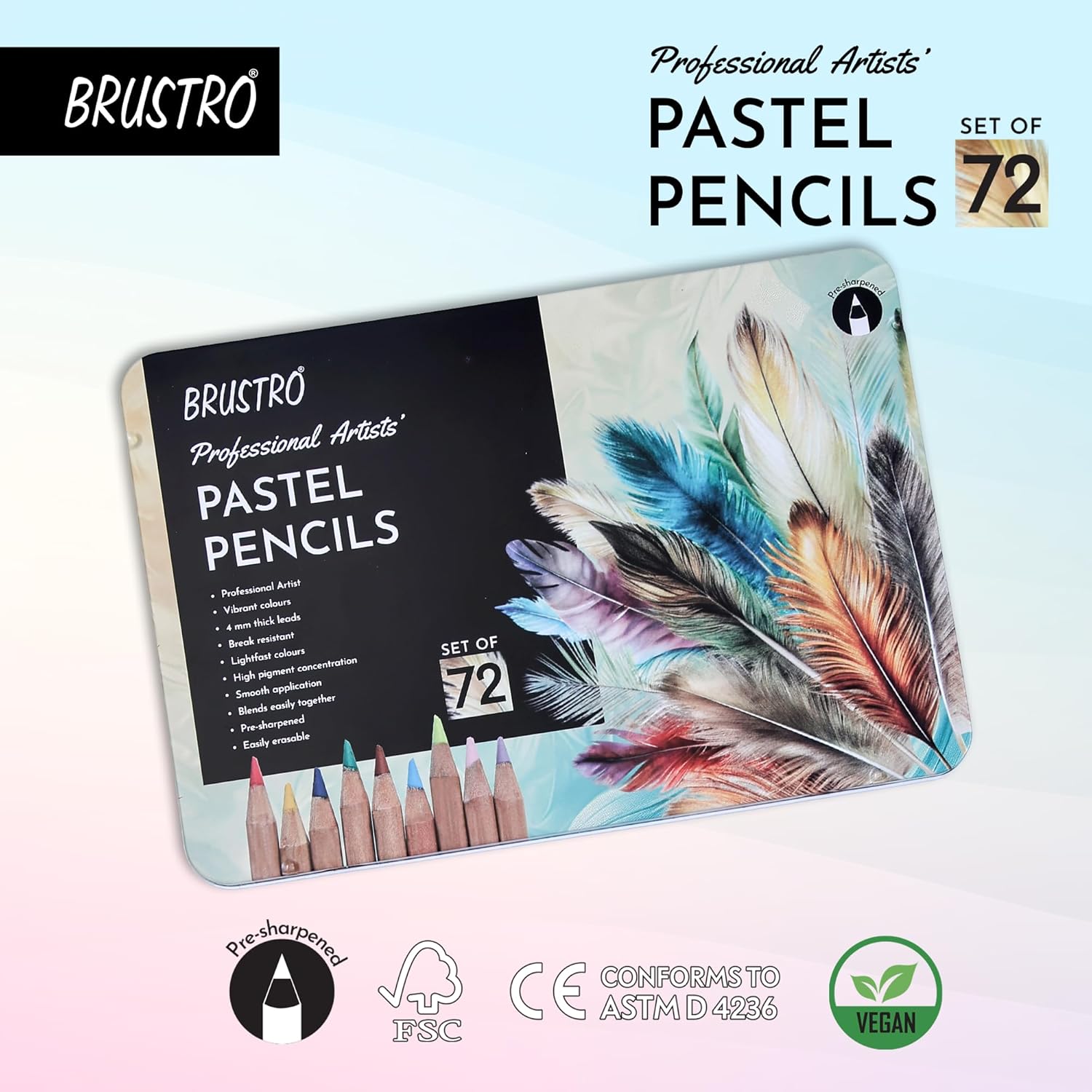 BRUSTRO Artists Pastel Colored Pencils - Set of 72 Shades - 4mm Lead | Break Resistant, Erasable