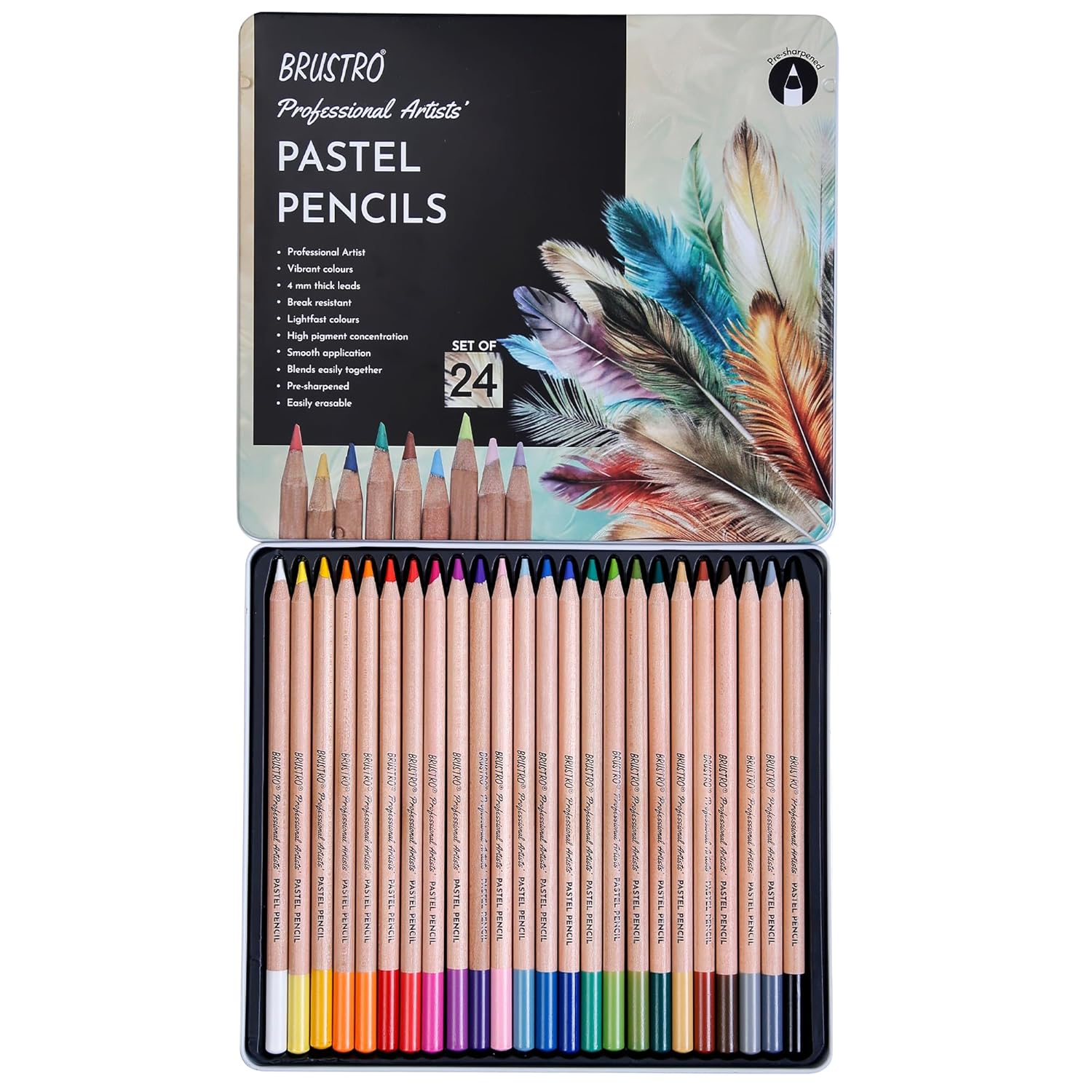 BRUSTRO Artists Pastel Colored Pencils - Set of 24 Shades - 4mm Lead | Break Resistant, Erasable, Hi