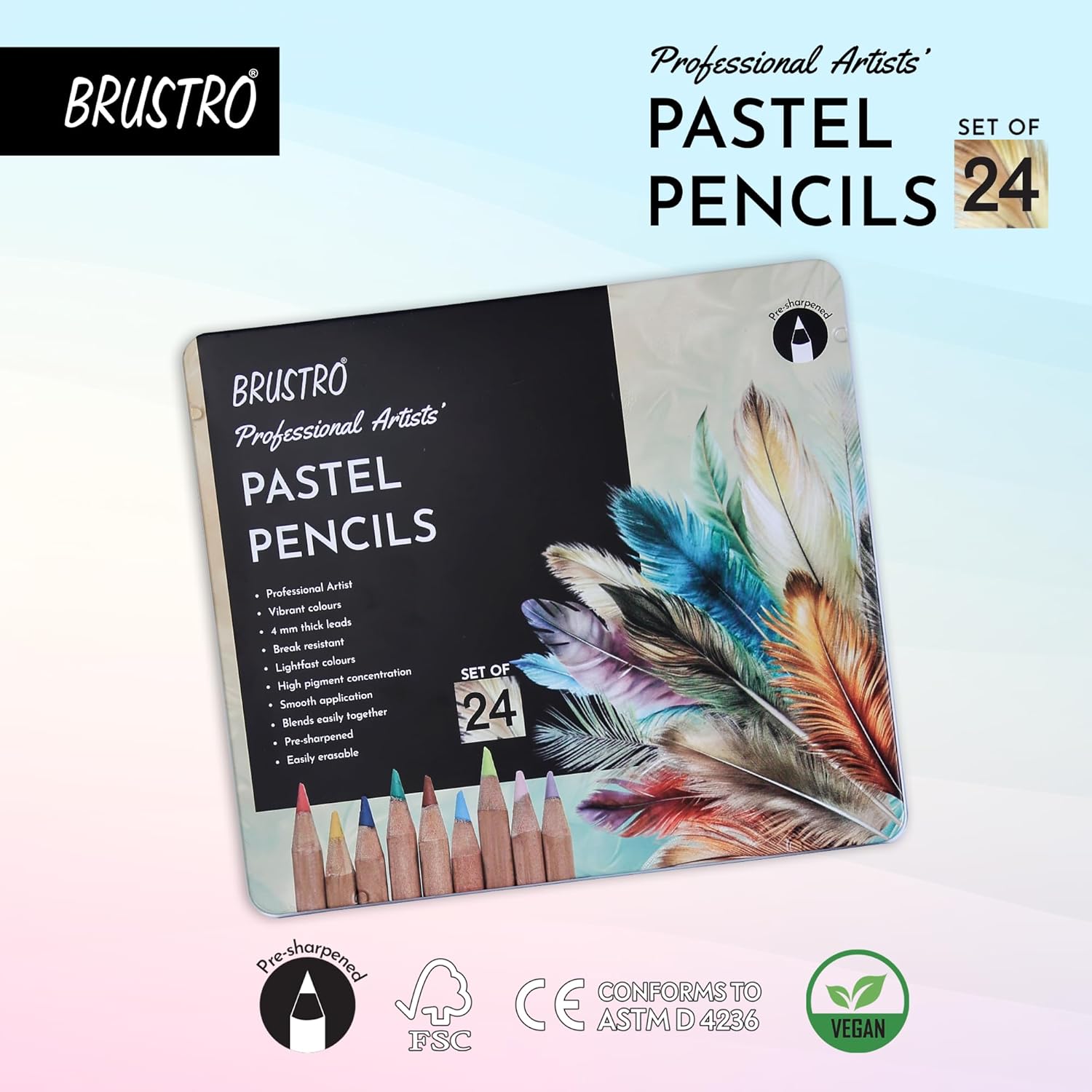BRUSTRO Artists Pastel Colored Pencils - Set of 24 Shades - 4mm Lead | Break Resistant, Erasable, Hi