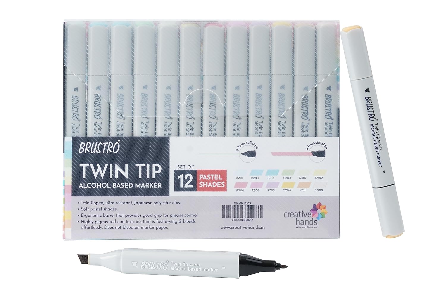 BRUSTRO Twin Tip Alcohol Based Marker Set of 12 - Pastel Tones in Crossline PP See Through Box