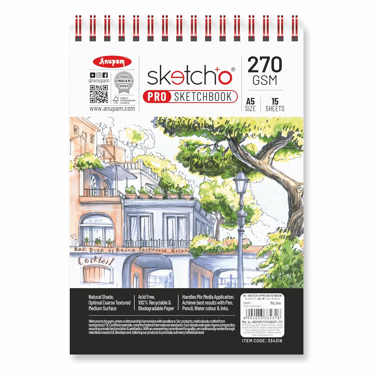 Anupam Sketch-O Pro Sketchbook A5 | 15 Sheets | 270 GSM | Durable, Acid-Free Paper