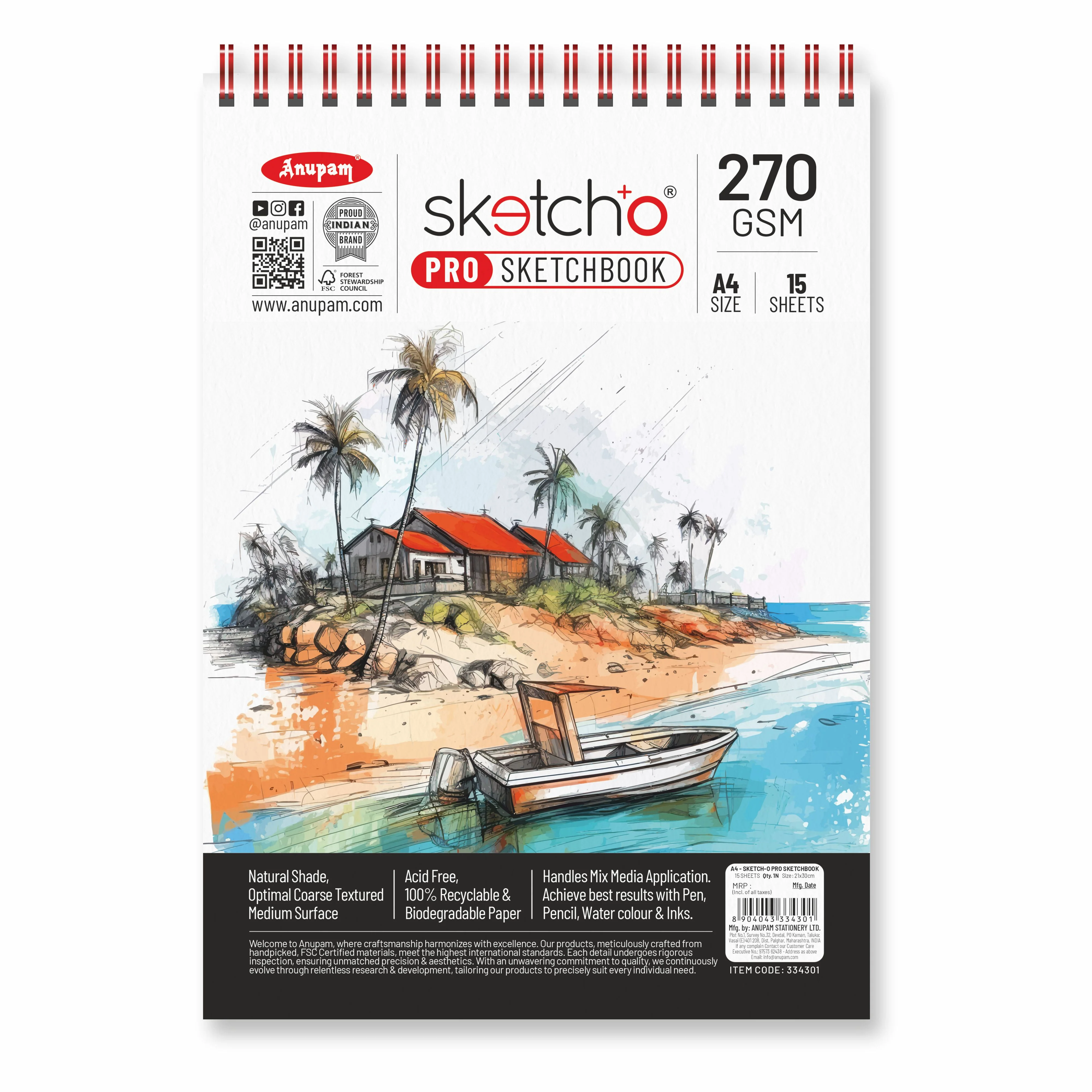 Anupam Sketch-O Pro Sketchbook A4 | 15 Sheets | 270 GSM | Durable, Acid-Free Paper