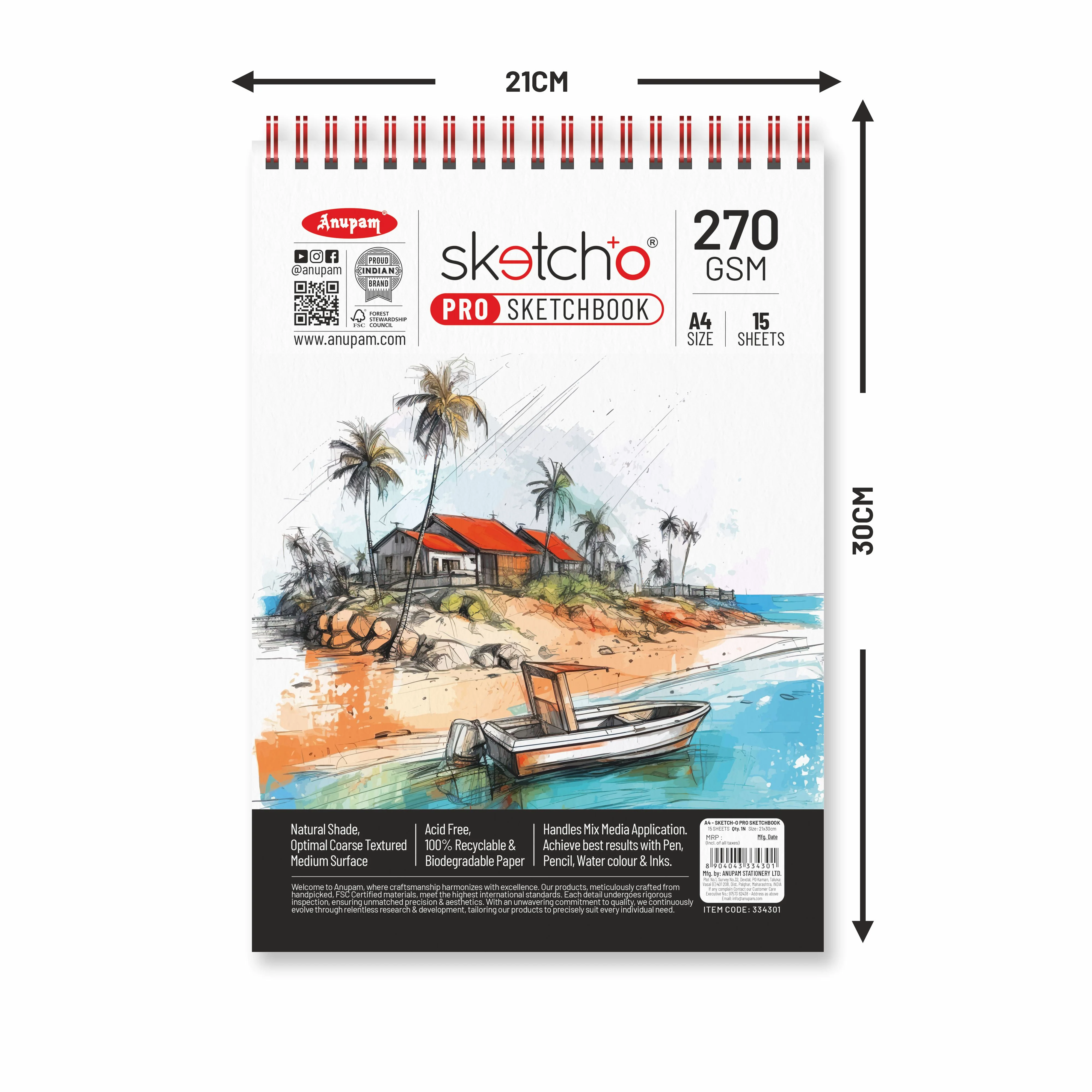 Anupam Sketch-O Pro Sketchbook A4 | 15 Sheets | 270 GSM | Durable, Acid-Free Paper