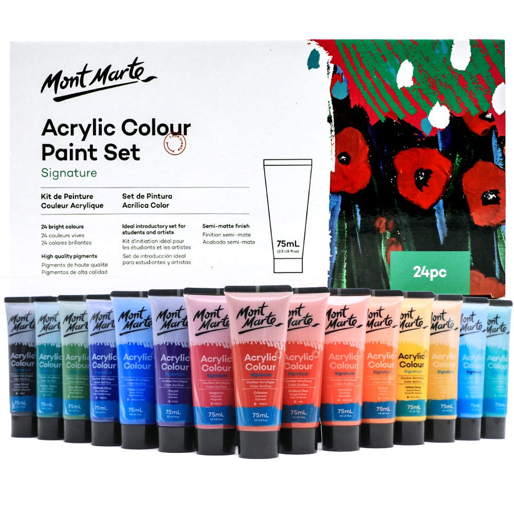 Mont Marte Signature Acrylic Colour Paint Set, 24 x 75ml (2.5oz), Semi-Matte Finish, 24 Colours