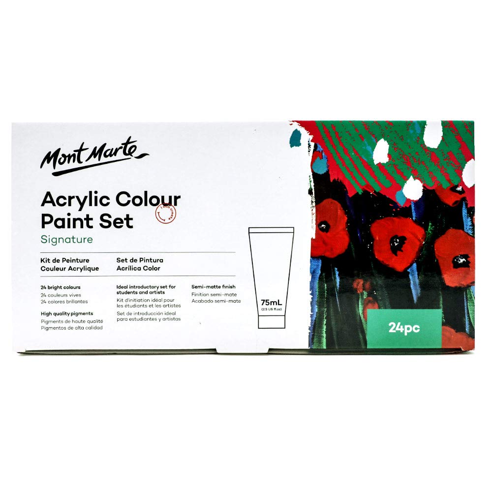 Mont Marte Signature Acrylic Colour Paint Set, 24 x 75ml (2.5oz), Semi-Matte Finish, 24 Colours